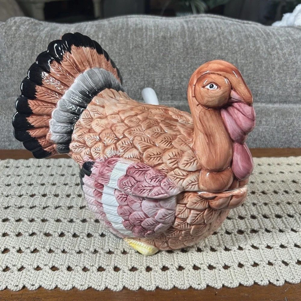Vtg 2.5 Qt. Ceramic Turkey Soup Tureen with LID and LADLE Farmhouse Country 90s
